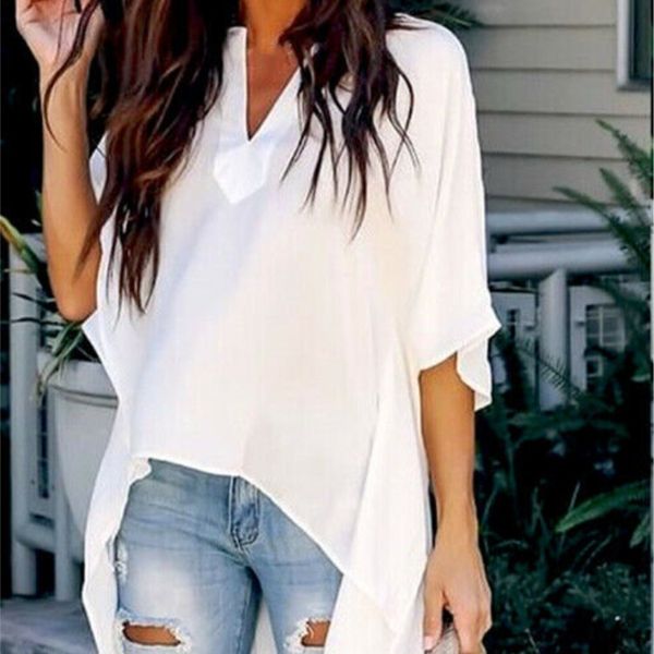 

2019 spring v neck solid elegant longline blouse plus size shirts asymmetrical batwing sleeve women blouses, White