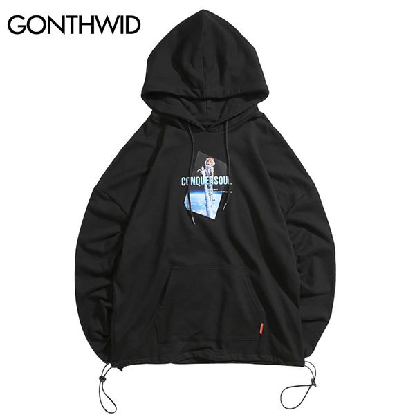 

gonthwid funny tiger spaceship print sweatshirts hoodies men harajuku hip hop fashion casual streetwear hipster hoodie, Black