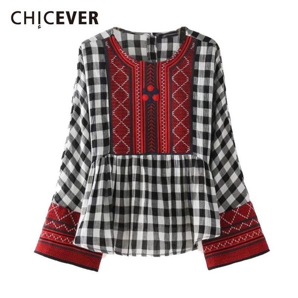 

chicever summer vintage embroidery plaid print women shirt o neck flare sleeve loose pullover female clothing 2019 fashion, White
