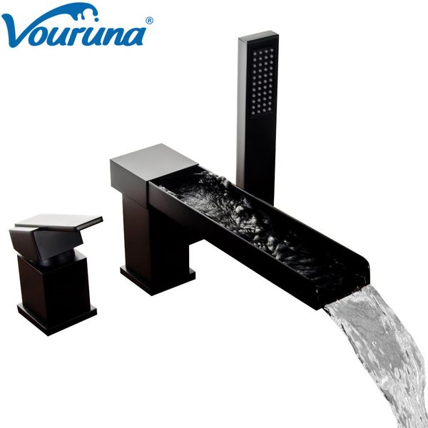 

vouruna modern matte black waterfall 3-piece bathtub faucet roman tub filler with handheld shower