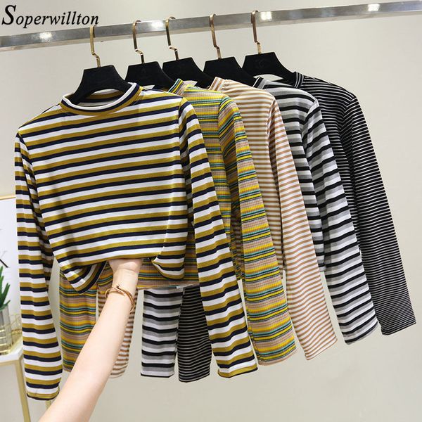 

women crop long sleeve t shirt striped 2020 short t-shirt feminina knitted tshirt streetwear female clothes black t1, White