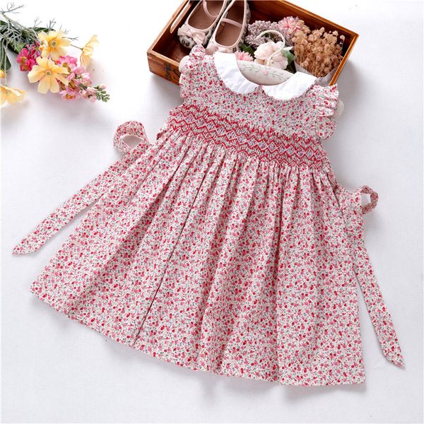 

summer girls smocked dress floral ruffles baby smocking clothes flower handmade kids dresses cotton children clothes boutiques, Red;yellow