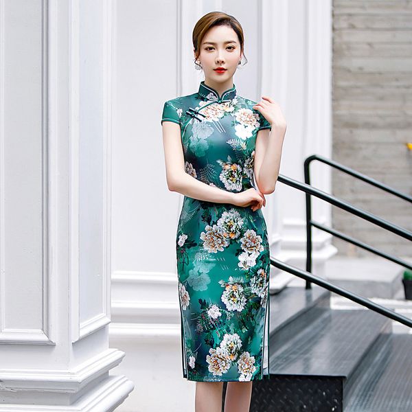 

green slim classic qipao print flowers banquet cheongsam chinese dress silk vintage satin daily qipao plus size 4xl, Red