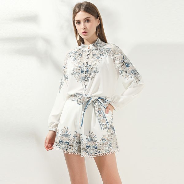 

2020 новое лето довольно печати женщины наборы высокого качества моды рубашки + шорты женщина сладкие костюмы с поясами, White