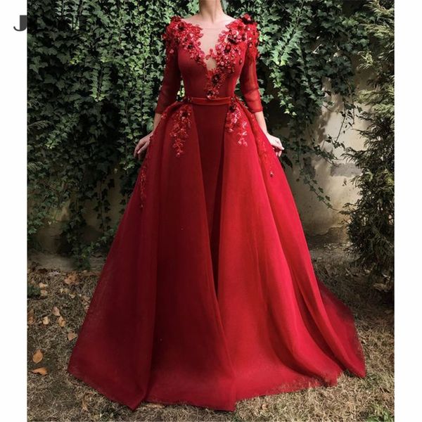 

muslim arabic long sleeves evening dresses detachable train appliques beaded prom gown party dress tule evening dress for women, White;black