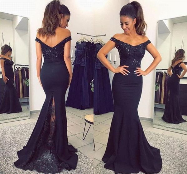 

2019 navy blue lace applique mermaid prom dre e off the houlder mermaid beading bride maid dre for party gown ba7159