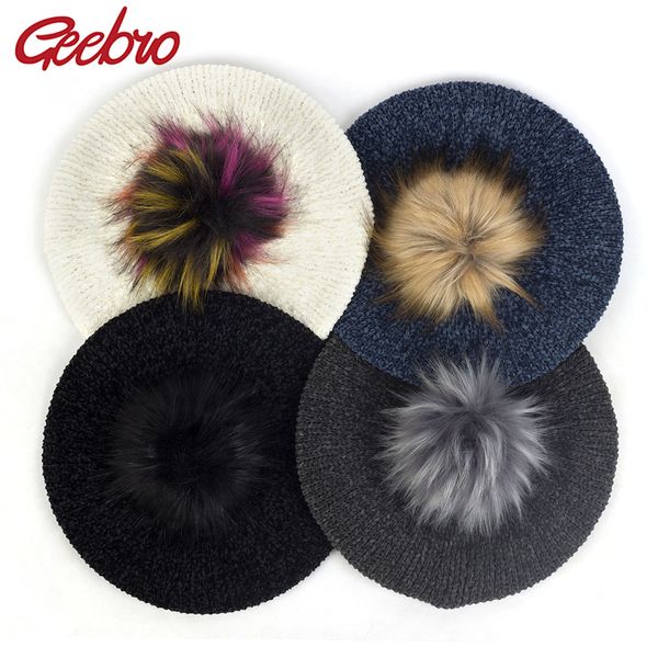 

geebro fashion female knitted berets with faux fur pom pom elegant women winter warm hats girl bonnet caps plain hat beret bl005, Blue;gray