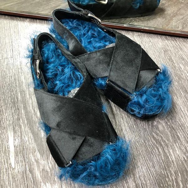 

yoloagain women real lamb fur sandals ladies flat sandals casual shose, Black