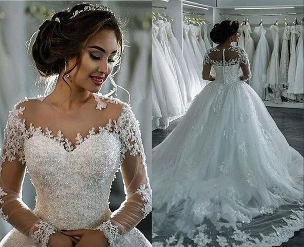

white wedding dresses lace appliques beads illusion long sleeves bridal gowns ball gown sweep train custom made wedding dresses