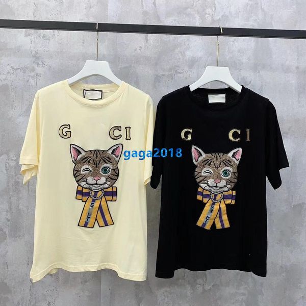 

high end женщины девушки футболка блестки письмо вышивка кошка мотив круглый вырез с коротким рукавом блузка рубашка тройник модный дизайн р, White