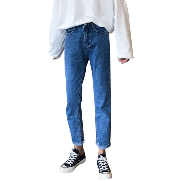 

korean-style bf style new style casual high-waisted loose pants jeans women's ninth pants loose-fit slimming students, Blue