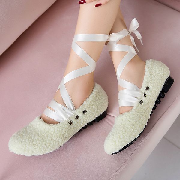 

ymechic fashion 2019 sweet mary jane flat ladies lolita shoes black white lambswool cross strap women ballet flats winter shoe