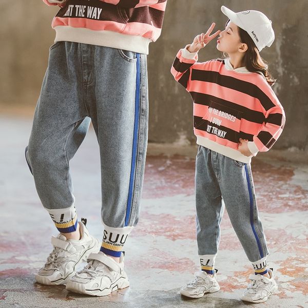 

autumn medium big and pants and jeans girl western style little girl reclining threaded jeans pants stylish style, Blue