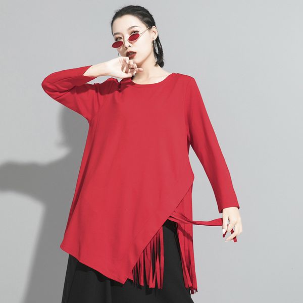 

eam] women black hem tassels stitch temperament t-shirt new round neck long sleeve fashion tide spring autumn 2020 1s193, White