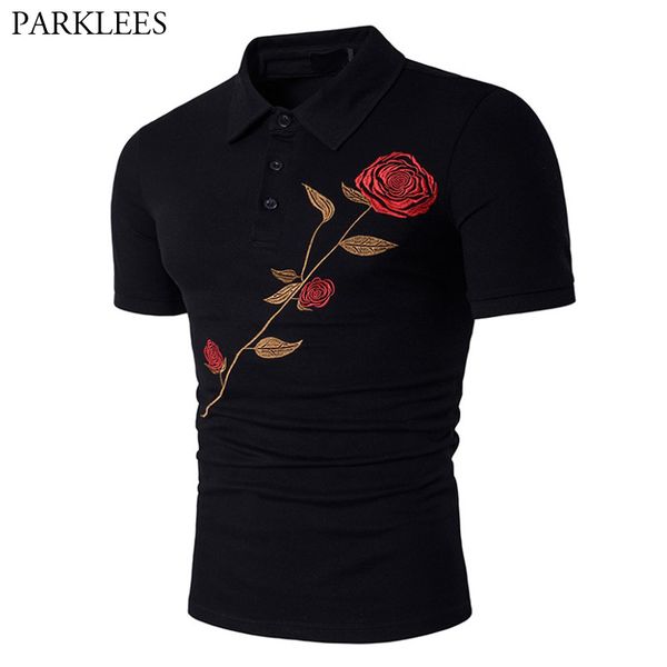 

rose flower embroidery black lapel t shirt men 2019 summer new slim fit short sleeve mens tshirts casual hipster tee shirt homme, White;black