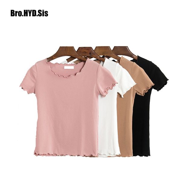 

women's t-shirt fashion slim fit women t shirt knit short sleeved ruffle tees o-neck rib woman crop casual, White