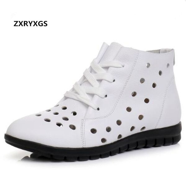 

zxryxgs brand boots single hollow comfort soft cowhide leather shoes woman boots winter snow flat casual shoes plus size, Black