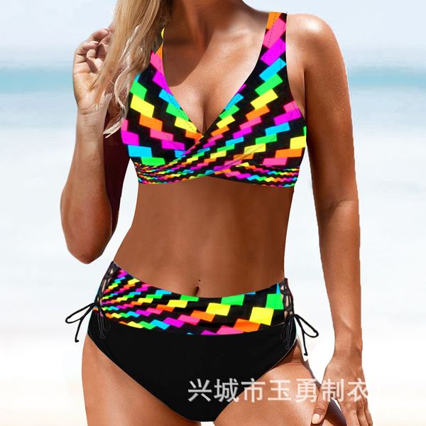 

2020 split high waist rainbow striped 2020 split high swimsuit bikini waist rainbow striped bikini swimsuit, White;black
