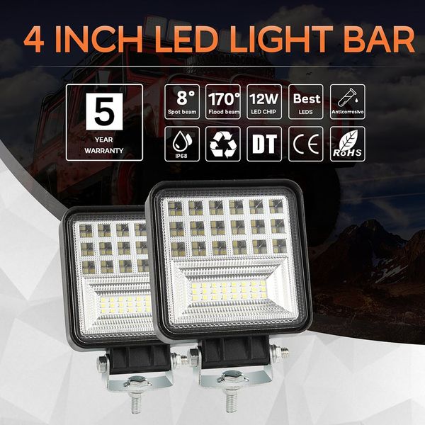 

4 inch 126w off road work lamp square led light super bright outdoor driving lights spot light for off-road trucks