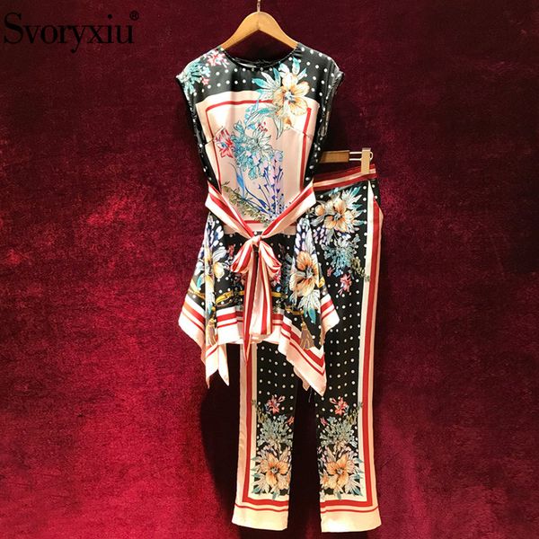 

svoryxiu vintage polka dot flower printed two piece set women's asymmetry long + ankle length pants runway pants suits, White