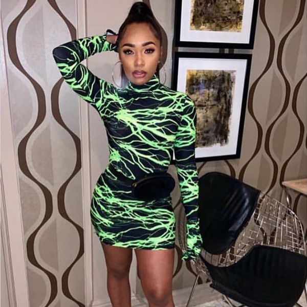 

MarchWind Brand Designer Simenual Sexy Hot Fashion Women Bodycon Dresses Long Sleeve Printed Party Clubwear Skinny Mini Dress with Gloves