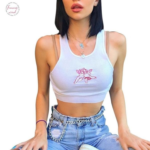 

women lovely crop tank cupid embroidery 2020 new white 100% cotton sleeveless short female cute casual party knitted tee