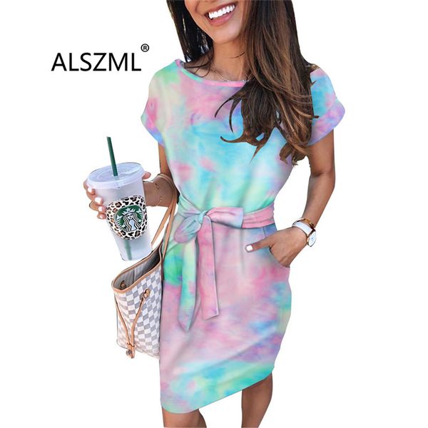 

casual dresses style fashion high waist lace-up tie dye print lady dress o-neck short sleeve summer elegant temperament, Black;gray