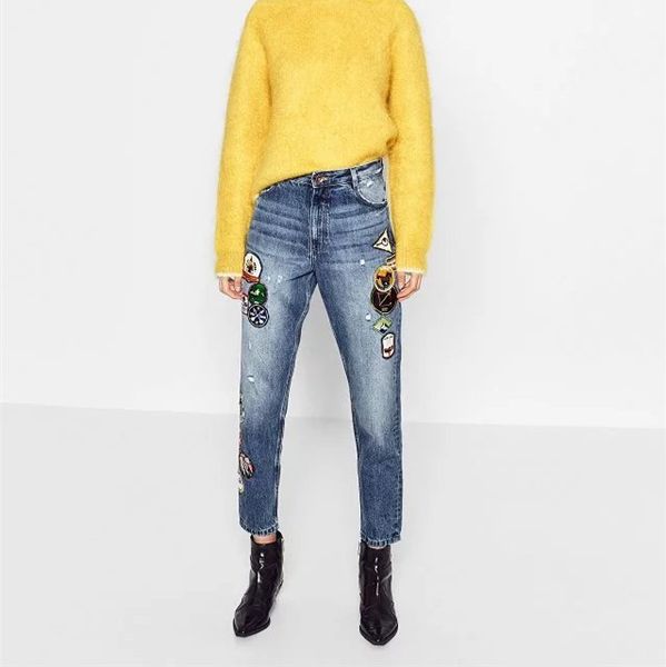 

autumn winter fashion appliques retro blue straight jeans woman casual pencil pants women jeans femme pockets