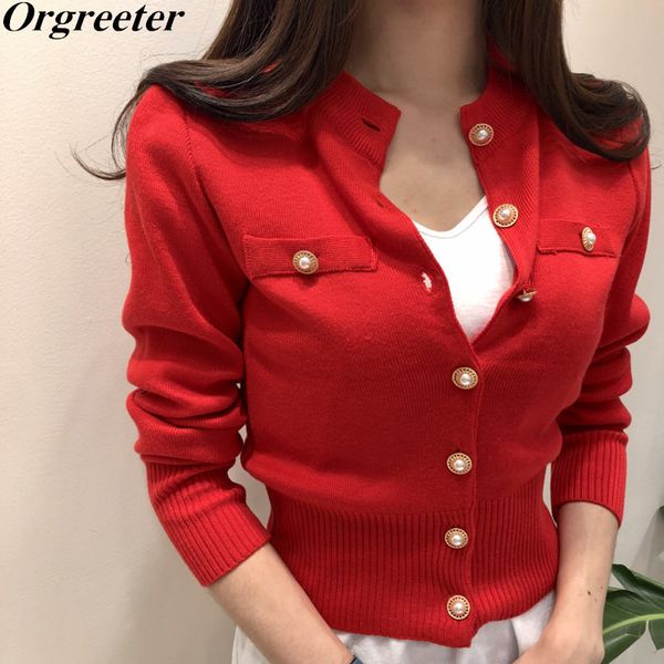 

temperament fashion knit jacket autumn new fashion pearl button single-breasted sweater cardigan outwear chic solid color coat v191217, White;black