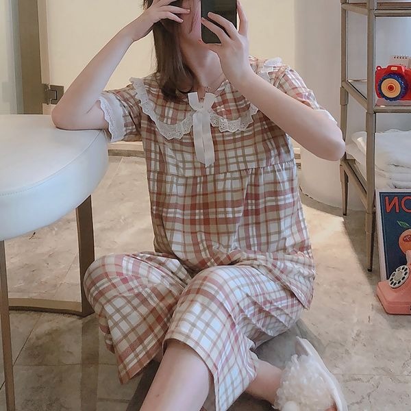 

short sleeve calf length pants pajama sets for women summer plaid sleepwear cute princess pyjamas homewear pijama mujer clothes, Black;red