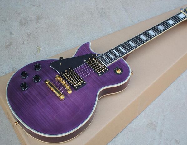 

бесплатная доставка завод пользовательские фиолетовая левая рука электрогитары с flame maple шпоном, golden оборудованиями, может быть измен