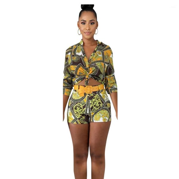 

v neck female clothing floral print casual apparel womens summer designer 2pcs short pants floral print sashes, White