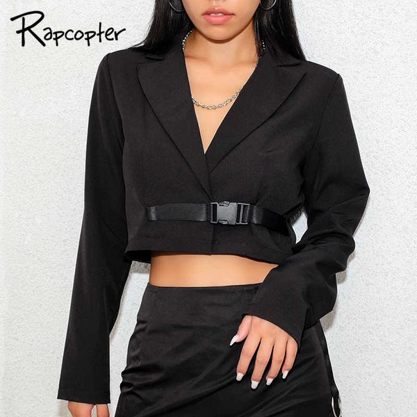 

rapcopter black soild formal jacket tutn-down collar slim outerwear belt school bag buckle suit work ladies skinny woman jacket, Black;brown