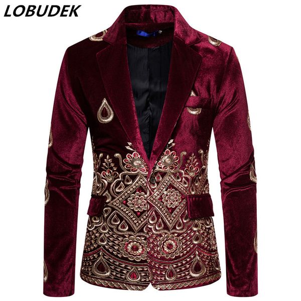 

men's performance costume court tuxedo england style vintage embroidery blazers wine red black velvet blazer casual suit jackets, White;black
