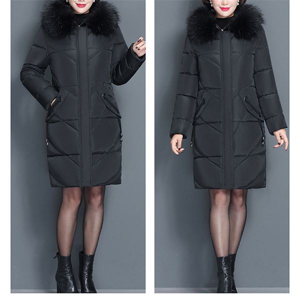 

womens winter coat with fur collar female jacket slim cotton-padded long jacket outerwear parka large size 6xl, Black