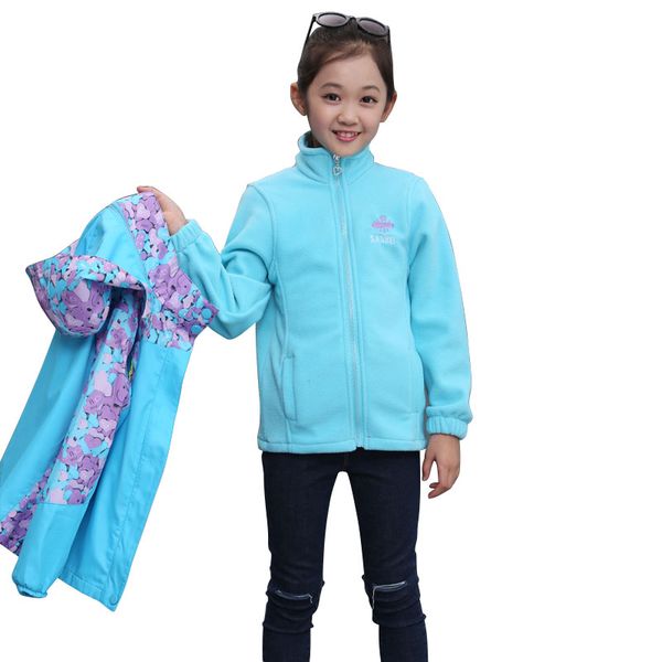 

autumn winter children girl outerwear jacket 2 pcs set (fleece + windproof coat) hooded coats for girl kids sport clothes, Blue;gray