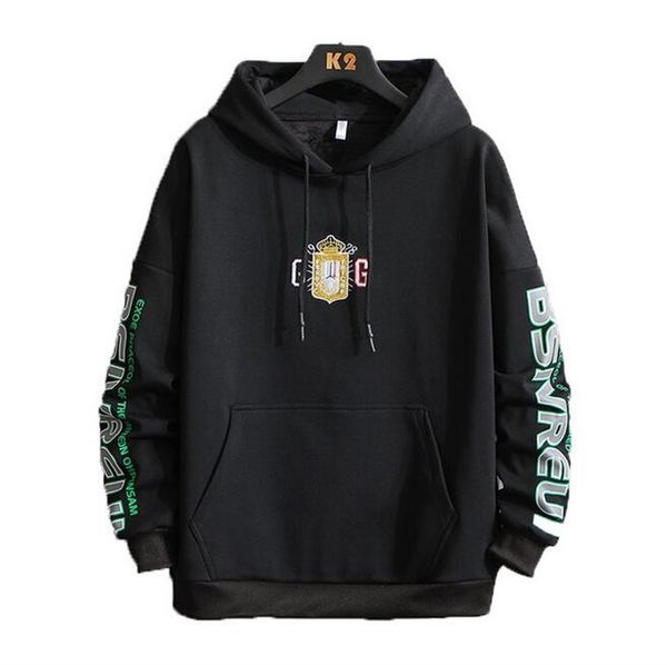 

trend men's spring t-shirt korean long-sleeved sweater hooded new embroidery hoodie men's fashion hooded sweater 2020 bppdn, Black