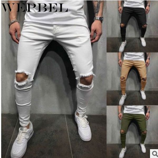 

wepbel men's full length pants skinny solid color hole stretch tight casual men's pencil pants, Black