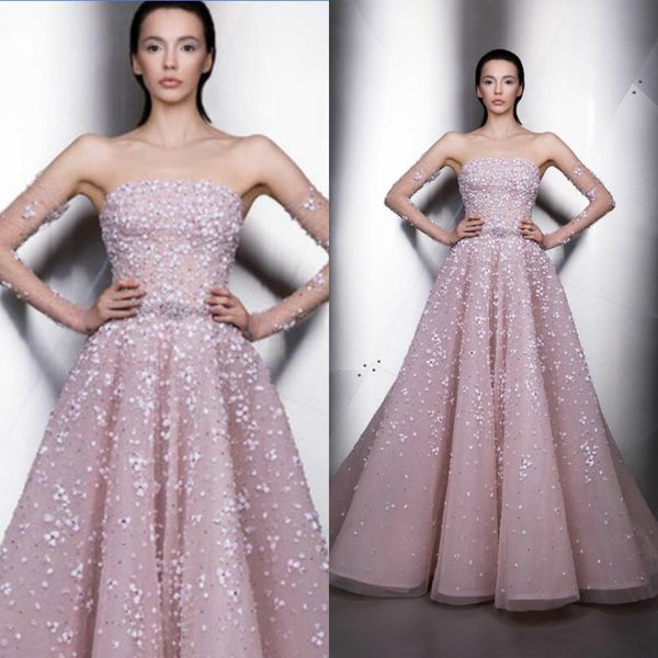 

2020 ziad nakad pink prom dresses 3d floral appliqued strapless a line evening dress sweep train custom made formal party gowns, Black;red