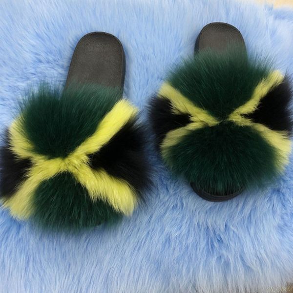 

summer women fur slippers real fur slides female indoor flip flops casual raccon sandals furry fluffy plush shoes, Black