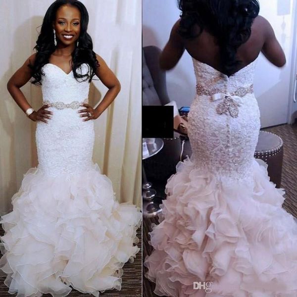 

beaded sweetheart mermaid wedding dresses 2020 ruffles sweep train back covered buttons bridals gowns lace and tulle wedding dress, White