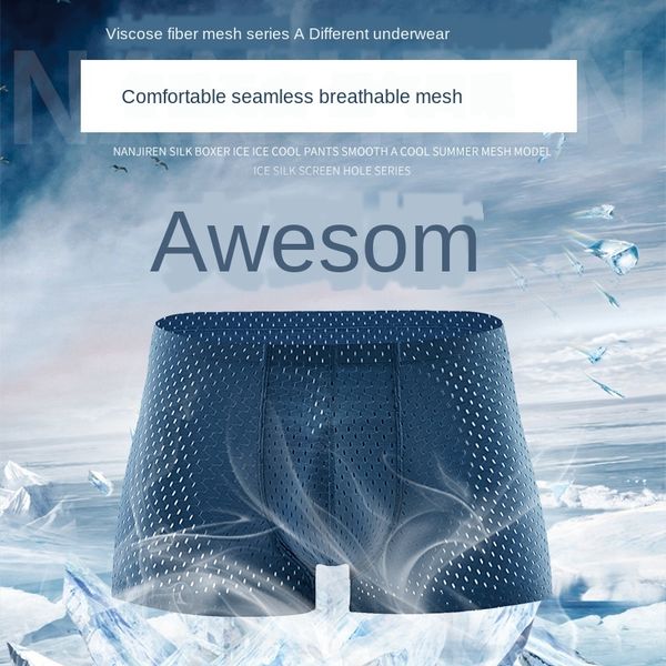 

3 men's underwear men's boxer pants ice silk traceless one-piece mesh hollow breathable quick-drying underwear quality boxer pants, Black;white