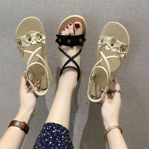 

2020 new women's flower sandals slip-on open toe fashion flat sandals outdoor beach leisure zapatos de mujer summer, Black