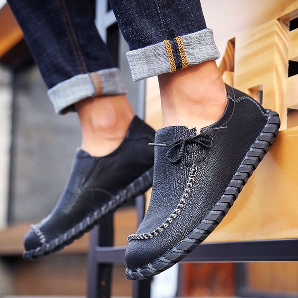 

2019 fashion new comfortable casual shoes loafers men shoes quality genuine leather men flats moccasins, Black