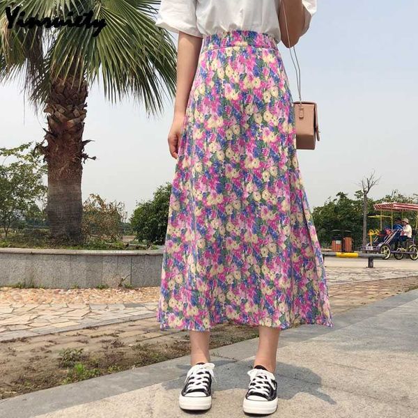 

2020 summer women holiday long skirt high waist oil painting jupe longo prairie chic korean beach elegant vintgage skirts womens, Black