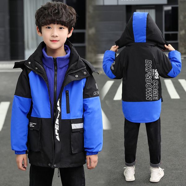 

children's winter jacket warm sporty hooded plus velvet waterproof windproof thicken winter jacket for boy kids, Blue;gray