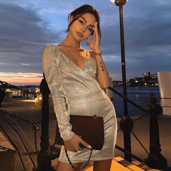 

2019 women one shoulder long sleeve sequined beach club party dress, Blue;gray