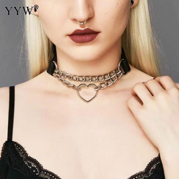 

adjustable black punk choker necklace silver color chain leather choker gothic collar for women chocker girls jewelry