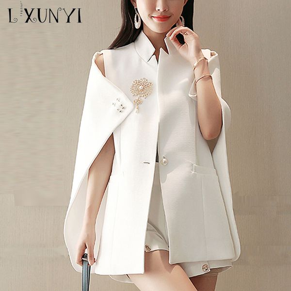 

lxunyi мода лето белый blazer cape офис wear женщины cape blazer куртки пальто одна кнопка из бисера брошь плащ пальто женский, White;black