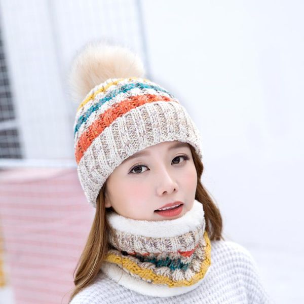 

warm winter mixed colors knitted hat scarf big wool ball warm plus velvet women's ski hat cap, Blue;gray